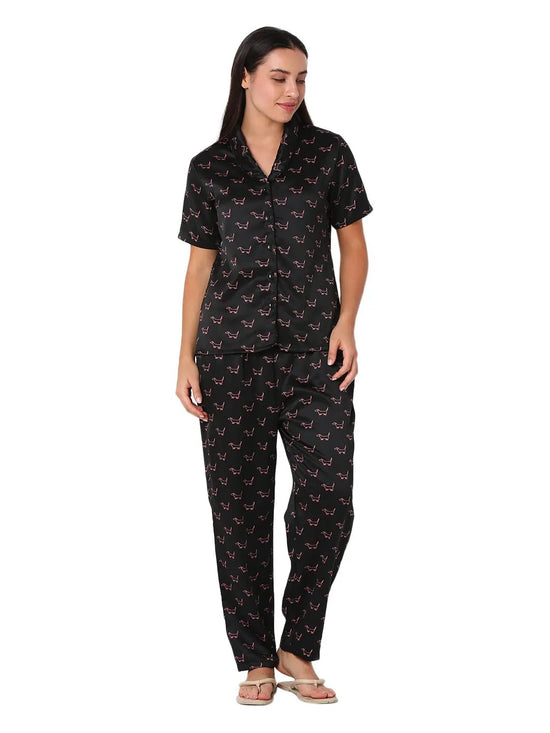 Smarty Pants Women's Silk Satin Black Color Star Galaxy Print  Night Suit-SMNSP-919A-S