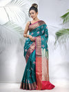 Teal Embroidered Motifs Silk Saree With Zari Borders-MA56BSL44940018