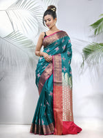 Teal Embroidered Motifs Silk Saree With Zari Borders-MA56BSL44940018