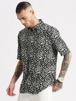 Men Spread Collar Abstract Black Casual Shirt-POLFAH-2101-Black