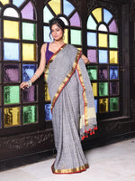 Grey Checkbox Designs Soft Linen Saree With Zari Borders-MA62LN33990024