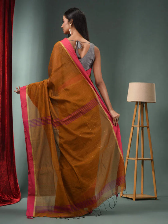 Ochre Yellow Cotton Blend Handwoven Saree With Texture Designs-MA50BCT06830077