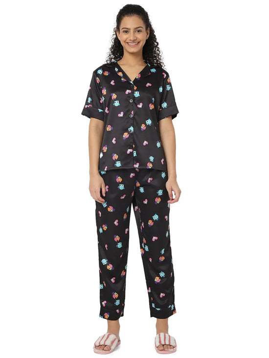 Smarty Pants Women's Silk Satin Black Color Owl Print Night Suit