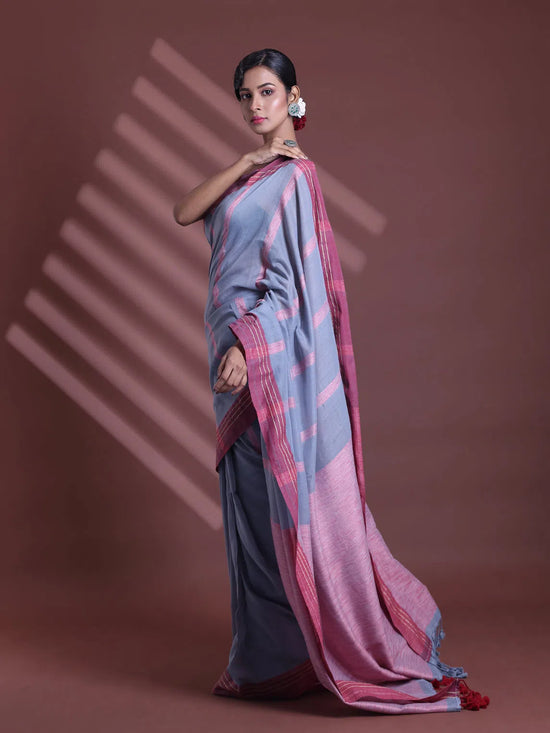 Grey Pure Cotton Soft Saree With  Stripe Pattern-MA59CT06530074