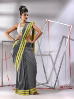 Grey Cotton Saree With Stripe Solid Border-MA55CT06520074