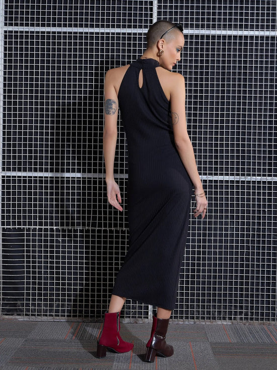 Women Black Rib Front Slit Bodycon Midi Dress