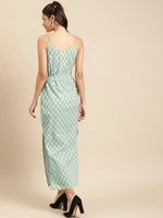 Speghetti Strap long maxi dress with waist tie in Mint Blue Print