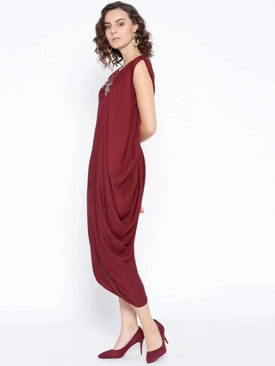 One side cowl asymettric dress with side floral print in Maroon