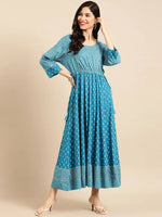 Women's Blue Printed Anarkali Kurta-AT-A561-LG-Blue