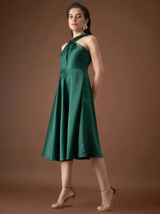 Draped neck midi dress in Green Color