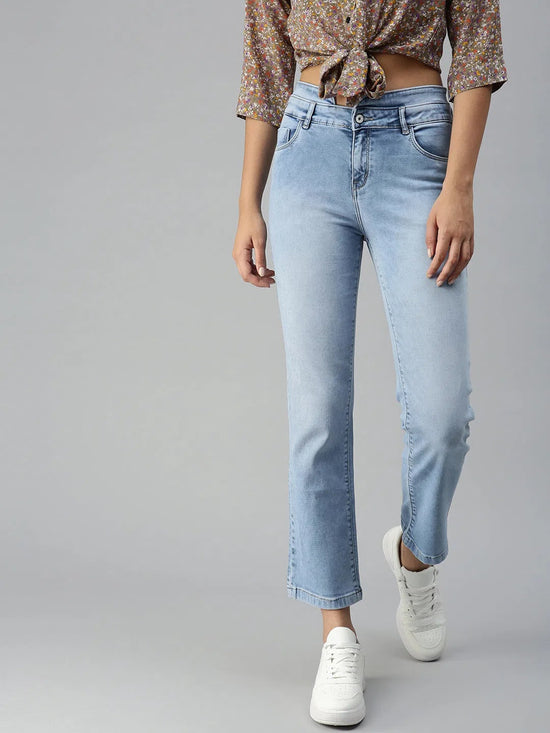 Women's Blue Solid Denim Straight Jeans-CR-7797-Blue