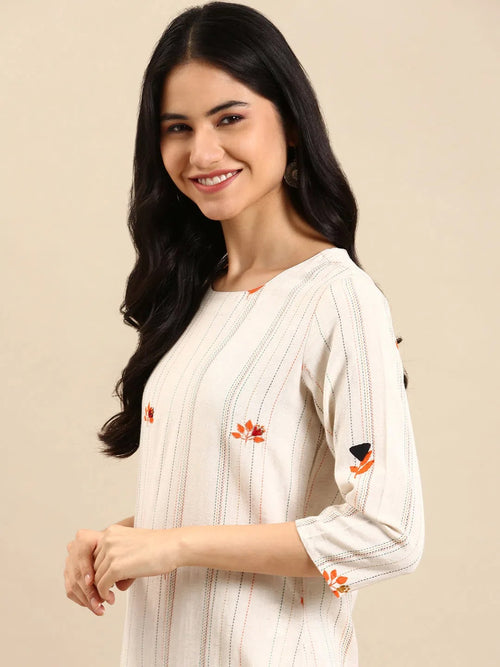 Women's White Striped Kurta Set-GW-617-Offwhite