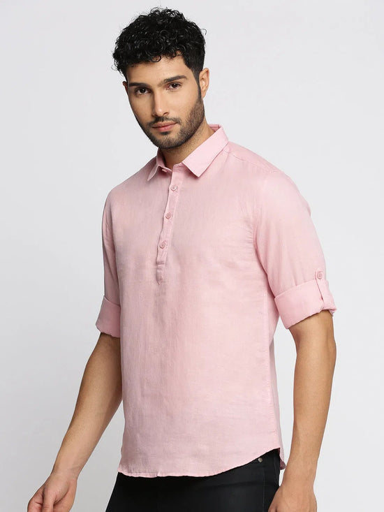 Men Pink Solid Shirt Collar Casual Short Kurta-LAGOM-2014-Pink