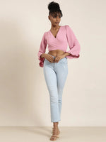 Women Pink Solid Wrap Crop Top-AE-10672-Pink