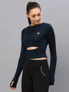 Rigo Blue Cut-Out Waist Round Neck Full Sleeve Activewear Crop Top