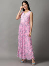 Women's Pink Floral Fit and Flare Dress-KG-502-Pink