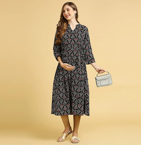 MomToBe Mandarin Collar Geometric Printed Pure Cotton Maternity Kurta