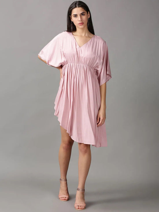 Women's Pink Solid Fit and Flare Dress-AE-15776-Pink