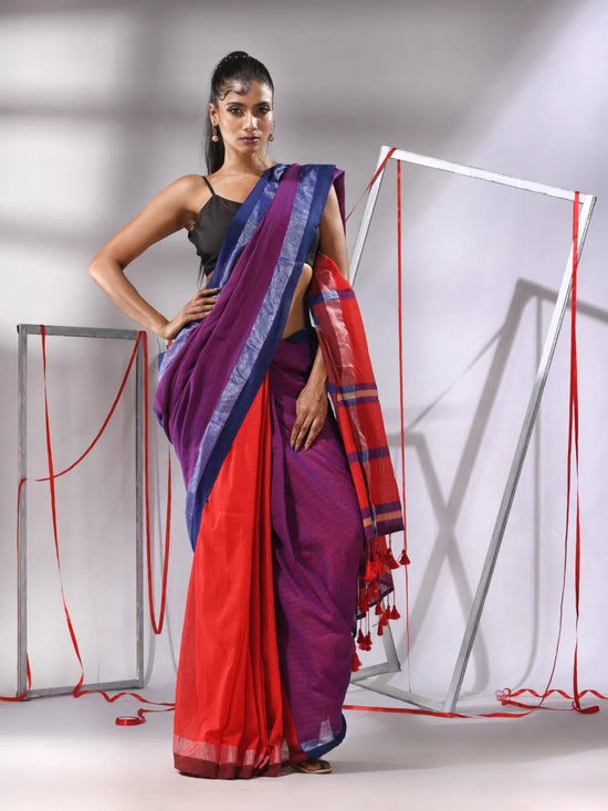 Purple Cotton Patli-Pallu Saree With Sripe Designs And Dual Border-MA55CT06540081