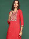 Women's Red Embellished Straight Kurta-GW-477-Red