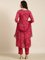 Women Anarkali Pink Floral Kurta and Trousers Set Comes With Dupatta-AT-A1377-KPD-Pink