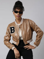 Women Solid Crop Brown Drop Shoulder Oversized Varsity Jacket-8940-Brown