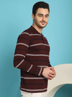 Venitian Men Striped Polo Neck Full Sleeves Wine T-Shirt Wih Pocket