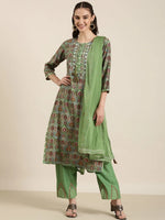 Women Green Floral Kurta Set-UB-2754-Green