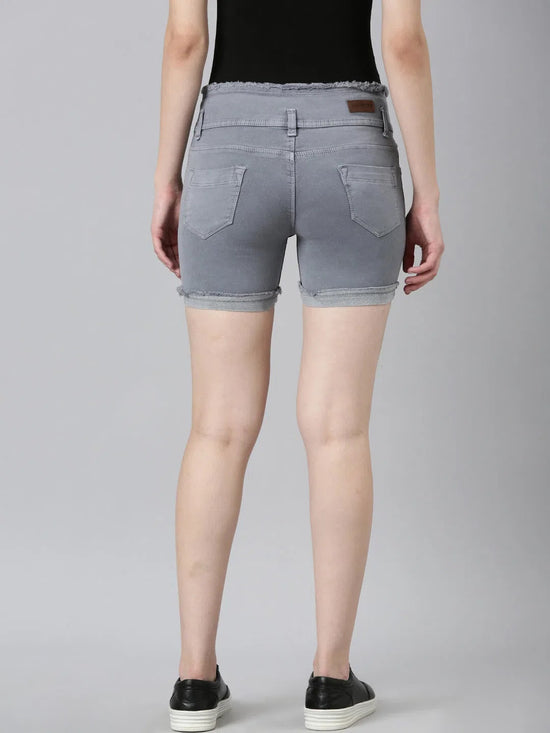 Women Grey Solid Denim Shorts-LT-S-102244-Grey