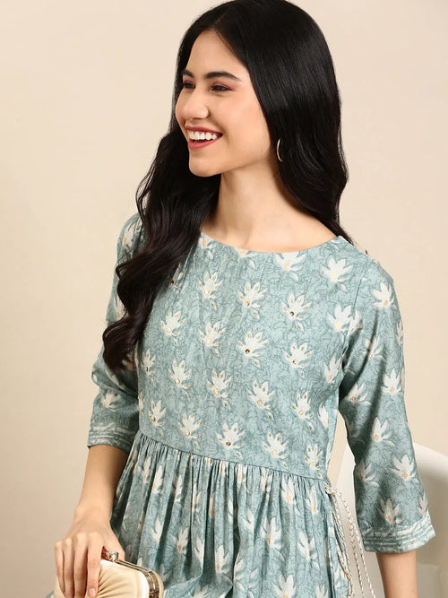 Women's Sea Green Printed Kurta Set-SKC-3377-Seagreen