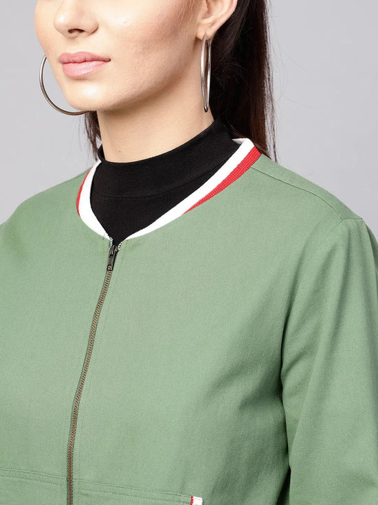 Women Solid Olive Round Neck Full Sleeve Jacket