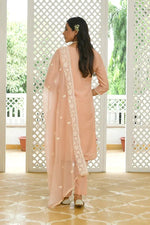 Vaasva Women Peach Linen Embroidered Solid Kurta Set With Solid Pants & Chiffon Embroidered Dupatta-142-Vaas-Peach