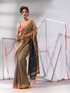 Ecru Cotton Saree With Stripes Zari Pallu-MA55CT06520097