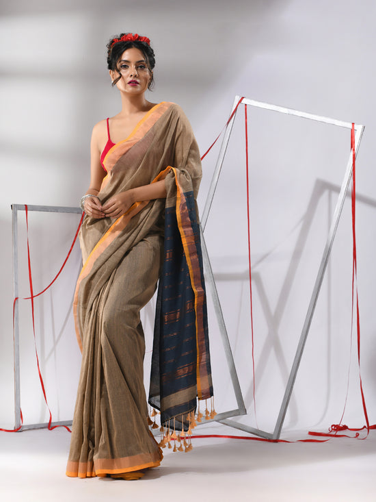 Ecru Cotton Saree With Stripes Zari Pallu-MA55CT06520097