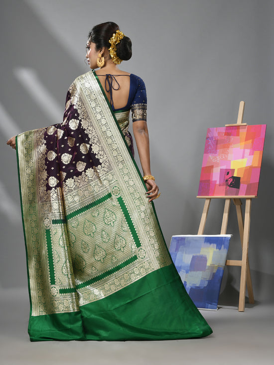 Wine Silk Banarasi Saree With Damask Motifs And Woven Degins-MA52BSL441050094