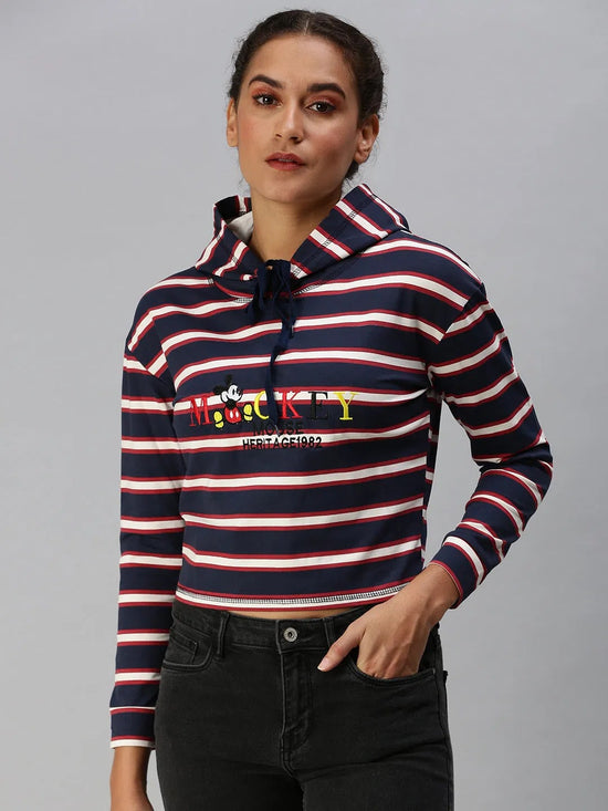 Women's Blue Striped Crop Pullover Sweatshirt-AF-1775-Navyblue