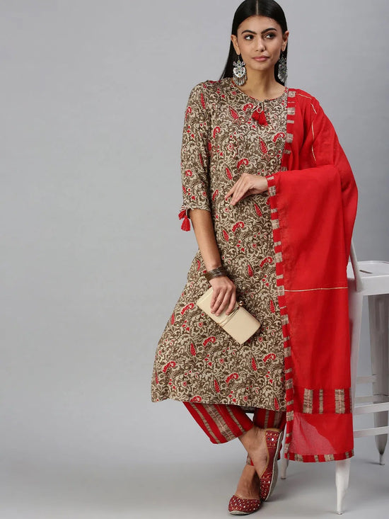 Women's Beige Printed Kurta Sets-FS2365-Beige