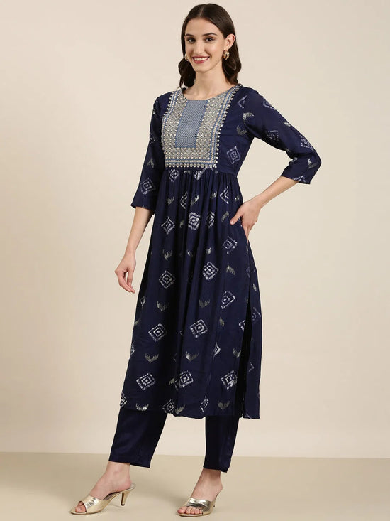 Women Navy Blue Geometrical Kurta Set-GW-3787-Navyblue