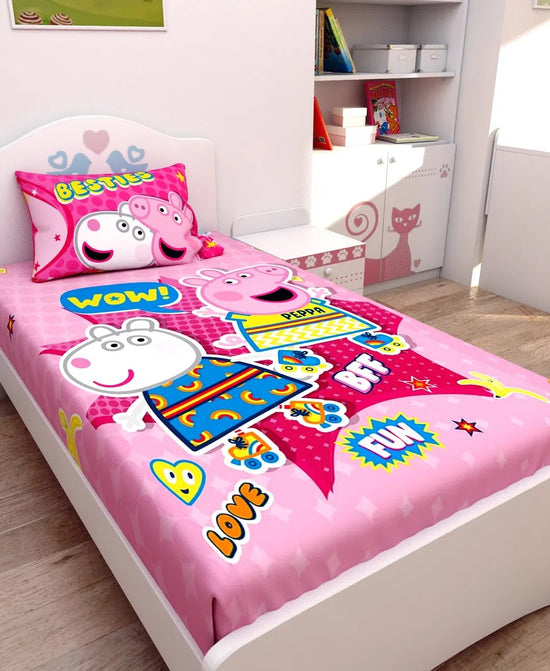 Athom Living Besties Peppa Pig Digital Printed Cotton Kids Single Bedsheet 147x223 cm with Pillow Cover-PEP-03-245-S