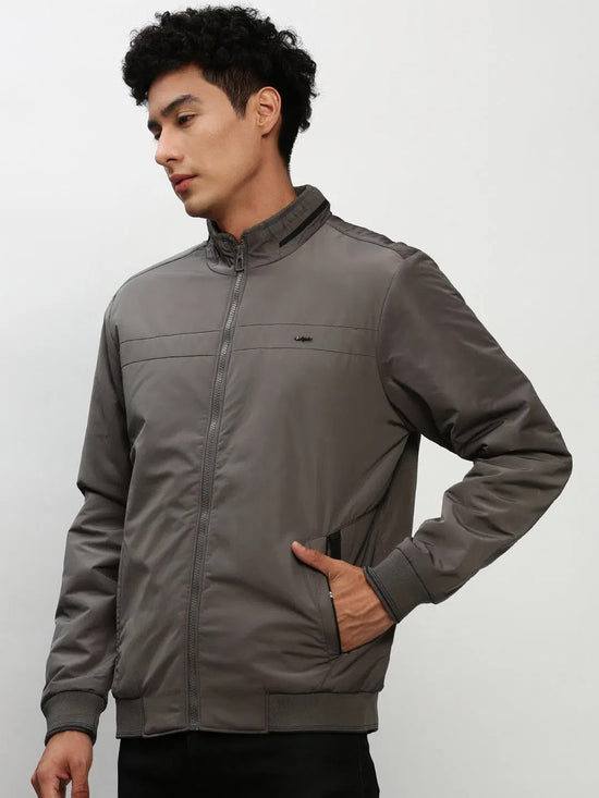 Men Grey Solid Casual Bomber Jackets-ZD-3403-Grey