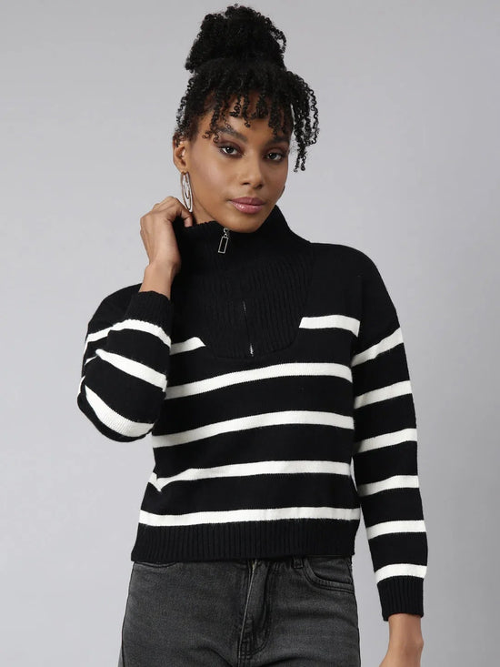 Women Black Horizontal Stripes Top-CHN-5299-Black