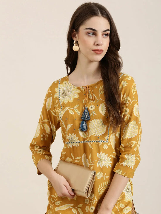 Women Mustard Floral Straight Kurta-NJ-3664299-Mustard