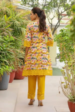 Vaasva Women Yellow Embroidered Printed  Kurta Set With Laced Solid Pants-138-Vaas-Yellow