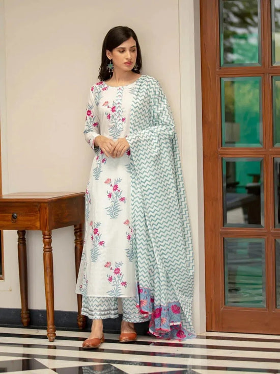 Navyaa Women's White Cotton Floral Printed Kurta Palazzo Set With Dupatta-PC2 ZIGZEG-S