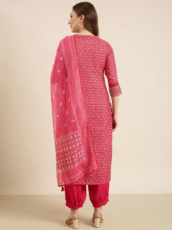 Women Straight Pink Geometric Kurta and Patiala Set Comes With Dupatta and Potli Bag-GW-4470-Pink