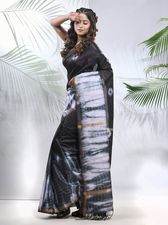 Black And White Shibori Printed Silk Saree-MA56BSL34610002