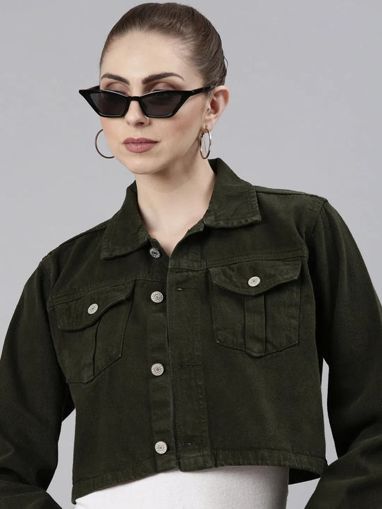 Women Olive Solid Denim Jacket-GZ-5600-Olive