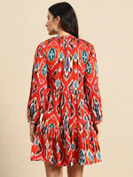 Mini Printed layered dress with balloon sleeve in Red Ikkat Print