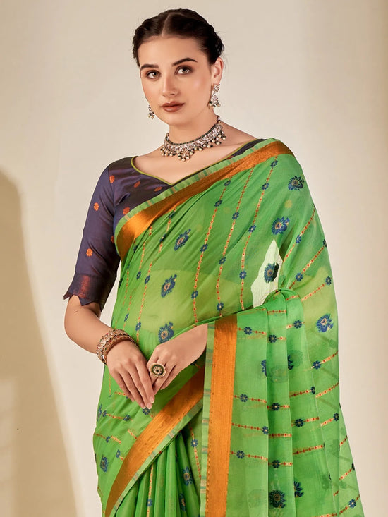 Saree Mall Women's Cotton Blend Light Green Woven Design Designer Saree With Blouse Piece-MYSHA82304