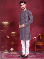 Men's Chikankari Embroidered Kurta Pyjama Set.-JOKP-5021Grey